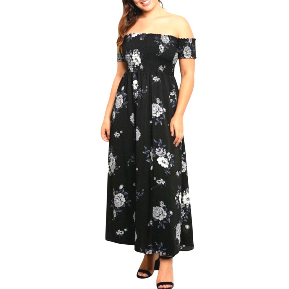 PLUS 2X Black Floral Off Shoulder Flowy Maxi Dress NEW